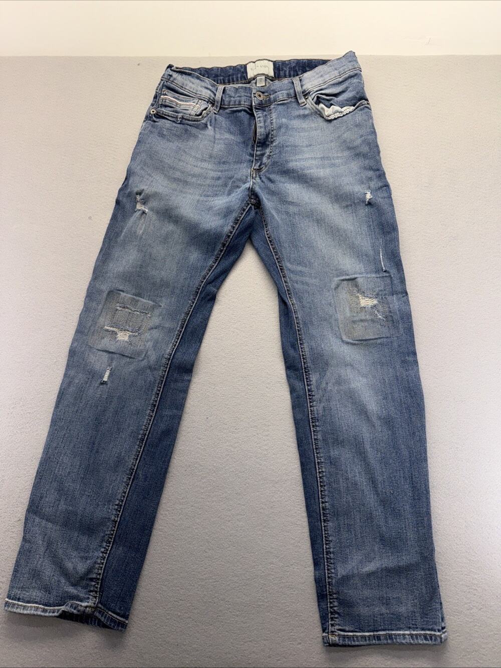Sun + Stone Mens 34x30 Distressed Patch Straight Leg Stretch Jeans Light Wash